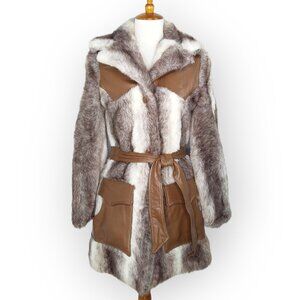 Vintage 1960s Tregos Westwear Coat Size 8 Faux Fur Leather Details Brown White
